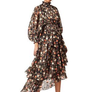 250$ Elliatt Astrid Smocked Asymmetric Ruffle Tiers Skirt Dress M Multicolor